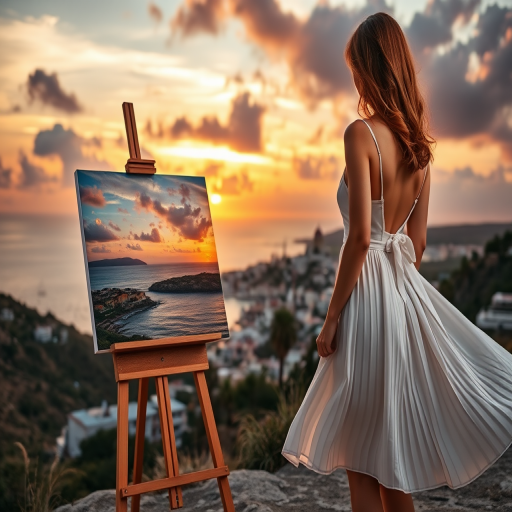 Create a serene scene of a woman in a flowing white dress standing near an easel displaying a picturesque painting of a sunset over a coastal town, with dramatic clouds in the sky, using a full-frame camera, 35mm lens, f/2.8 aperture, ISO 100, golden hour lighting for soft illumination.