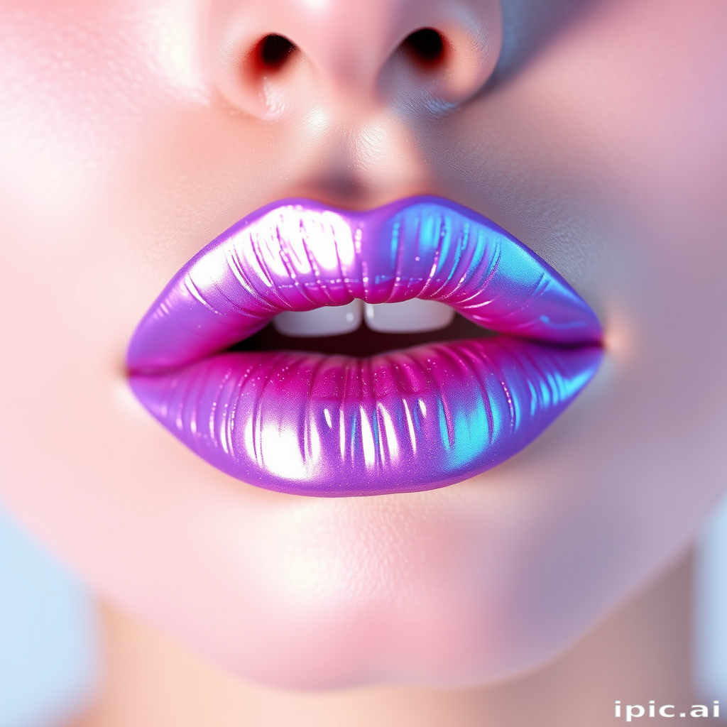 Ethereal Holographic Lilac lip style presenting a prismatic shine, iridescent finish, and buildable coverage, ideal for avant-garde and futuristic makeup concepts