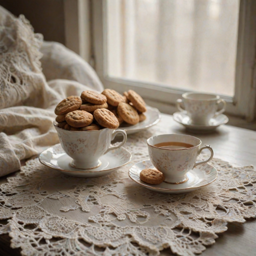 Close-up of a delicate teacup on a lace doily, soft afternoon light streaming through the window, with a plate of cookies and a well-worn book scattered on a cozy armchair in the background.