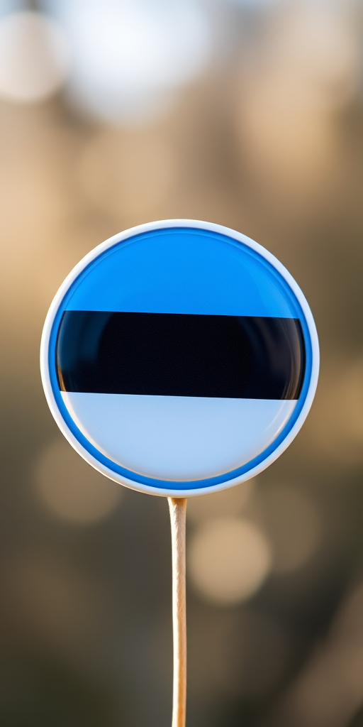 Create a high-resolution image of a circular badge featuring the Estonian flag with vibrant blue, black, and white colors, using a Canon EOS R5 camera, 50mm lens, f/1.8 aperture, ISO 100, natural lighting, and a slight bokeh effect in the background for depth and clarity.