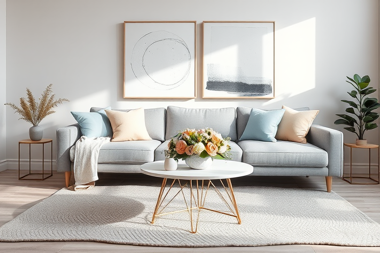 Capture a modern minimalist living room with a gray sofa adorned with pastel cushions, a round white coffee table with a floral arrangement, soft textured rug, and two large abstract paintings on the wall; use a DSLR camera with a 35mm lens, aperture set to f/2.8 for a shallow depth of field, ISO 200, and natural light for soft illumination.
