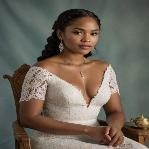 Create a portrait of a refined and elegant Torres Strait Islander woman seated in a sophisticated setting. She has long, wavy hair styled in two thick braids that are pulled over her shoulders. She wears a white, lace gown with intricate patterns, featuring a deep V-neckline and short sleeves. The dress exudes a vintage charm with its delicate lacework. She is adorned with ornate, dangling earrings that add a touch of glamour to her appearance. The background is softly lit, with warm, ambient lighting that creates a cozy and inviting atmosphere. Her expression is poised and serene, capturing a sense of grace and elegance.