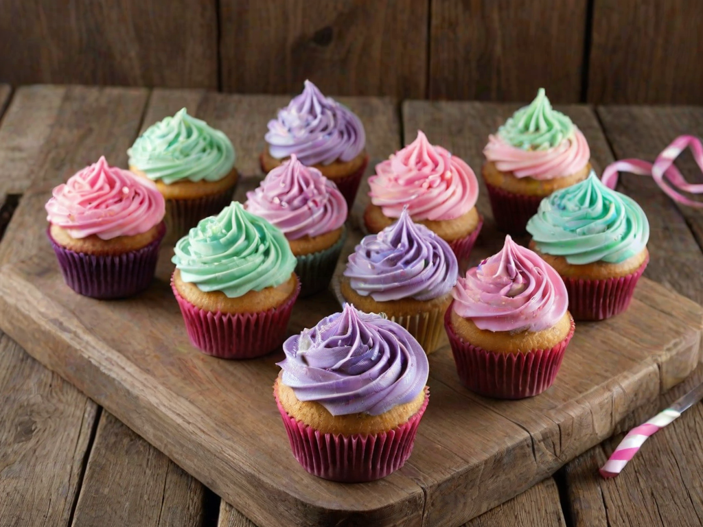 Create an image of a variety of beautifully decorated cupcakes with swirls of pastel-colored frosting in shades of pink, purple, and mint green. The cupcakes should have decorative elements like shimmering edible glitter and colorful, whimsical candy pieces on top. Arrange them on a rustic wooden table for a charming presentation.