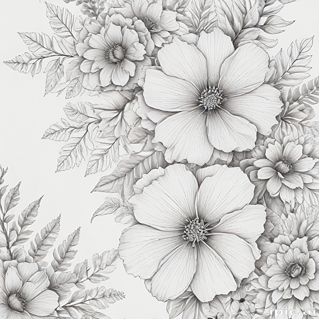Intricate Black and White Floral Design Featuring Various Beautiful Flowers
