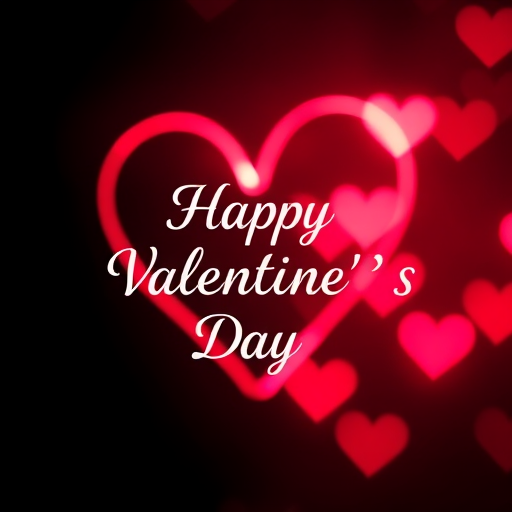 Create a vibrant heart design with glowing red and pink light trails on a black background, featuring the text "Happy Valentine's Day" in an elegant font, shot with a Canon EOS R5 at f/1.8, ISO 100, 50mm lens, using a soft focus effect to enhance the dreamy quality.