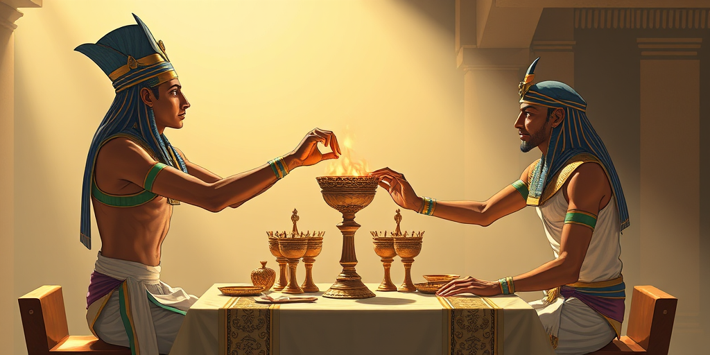Create a high-resolution illustration of two ancient Egyptian figures performing an elaborate ceremonial practice around a table, using a DSLR camera with a 50mm lens, f/1.8 aperture, 1/200 shutter speed, in a well-lit studio setting, capturing a soft-focus background for depth.