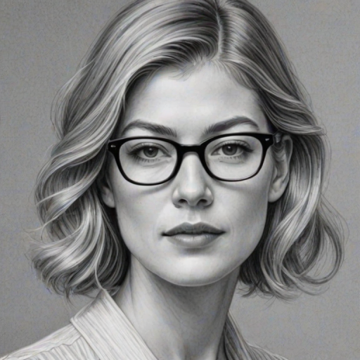 Beauteous Rosamund Pike, pencil sketch, portrait of Radiant woman 1925s in glasses, hair style beatnik, outline, clear lines, fine lines, 8k