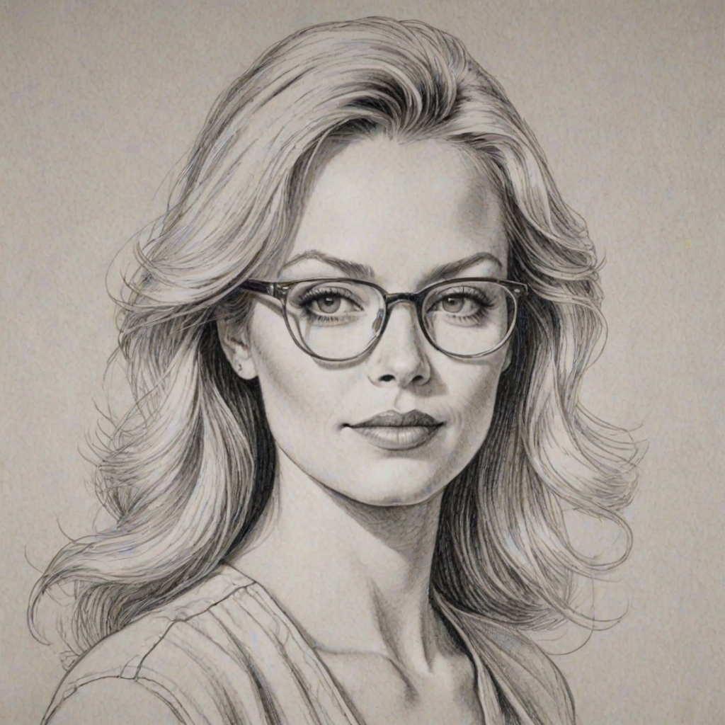 Attractive Charlotte Ross, pencil sketch, portrait of Wonderful woman 1980s in glasses, hair style beatnik, outline, clear lines, fine lines, 8k