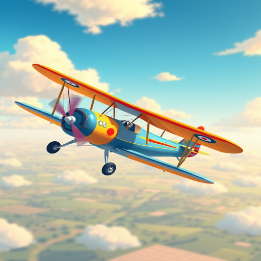 Illustrate a colorful biplane flying in a clear sky, captured with a Canon EOS R5, 50mm lens, f/2.8 aperture, ISO 100, aerial view, vibrant cartoon style, high resolution.