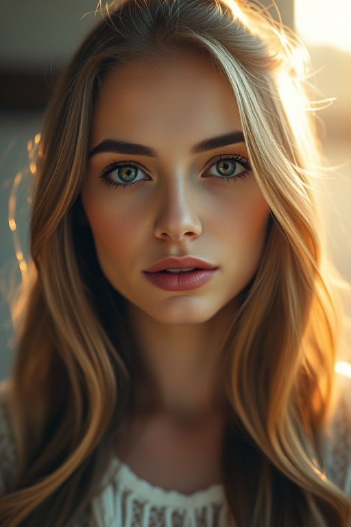 Portrait of a woman with soft ethereal lighting, warm golden tones, shot in natural light using a Canon EOS R5, 50mm lens, f/1.8 aperture, ISO 100, shallow depth of field, soft focus effect.