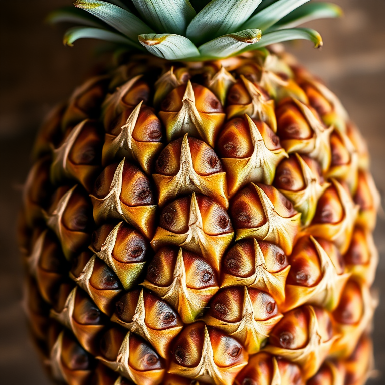 Create a high-resolution image of a pineapple with detailed outlines, using a DSLR camera at f/2.8 aperture, ISO 100, 50mm lens, top-down view, natural lighting for enhanced clarity and texture.