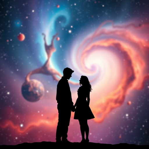 Photograph two silhouettes holding hands in a colorful cosmic scene with swirling galaxies, soft focus, ISO 100, f/2.8 aperture, 1/60s shutter speed, wide-angle lens, shot with a DSLR camera.
