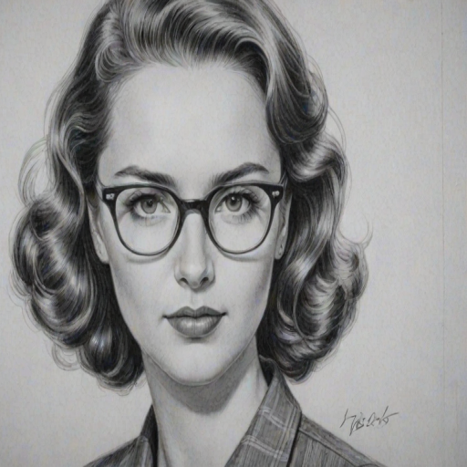 Comely Kaitlyn Maher, pencil sketch, portrait of Appealing woman 1946s in glasses, hair style beatnik, outline, clear lines, fine lines, 8k