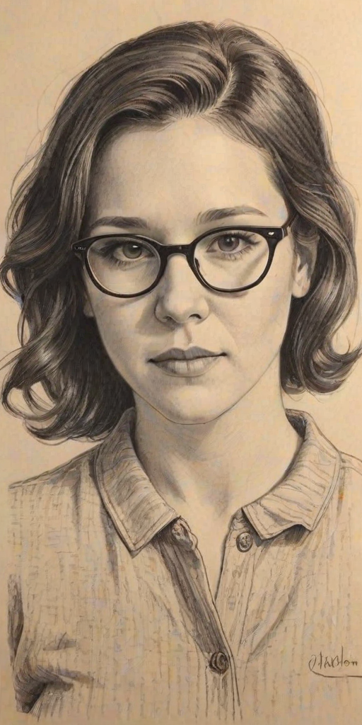 Magnificent Shannon Woodward, pencil sketch, portrait of Radiant woman 1948s in glasses, hair style beatnik, outline, clear lines, fine lines, 8k