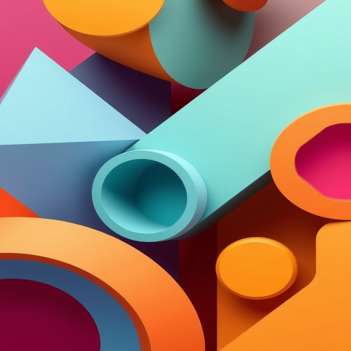 3D geometric shapes with vibrant gradient colors, triangular and circular forms, high contrast, sharp focus, shot with a Nikon D850, 50mm lens, f/1.8 aperture, ISO 100, soft lighting and studio backdrop for enhanced clarity.