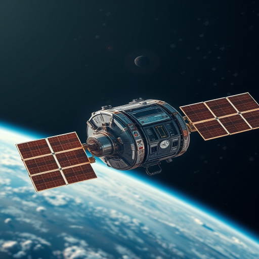Create a high-resolution illustration of a satellite in orbit with detailed textures, using a DSLR camera with a 50mm lens at f/8, 1/250s shutter speed, ISO 100, in a bright daylight setting, with a slight zoom to capture the satellite's features clearly and a soft-focus background.