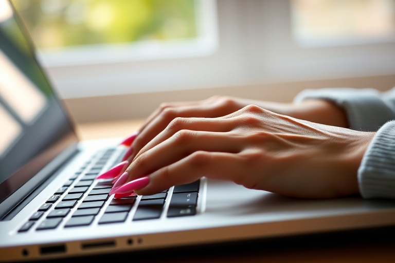 Close-up of a person's hands typing on a laptop with long, pink nails, natural light from a window, f2.8 aperture, 50mm lens, ISO 200, shallow depth of field, soft focus background, captured with a DSLR camera.