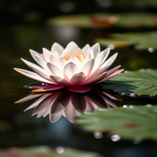 A serene water lily in bloom on a calm pond surface with soft reflections, shot with a Canon EOS R5, 50mm f/1.2 lens, aperture at f/2.8, ISO 100, in natural light, capturing a close-up view with a shallow depth of field for enhanced focus on the flower and a blurred background for tranquility.