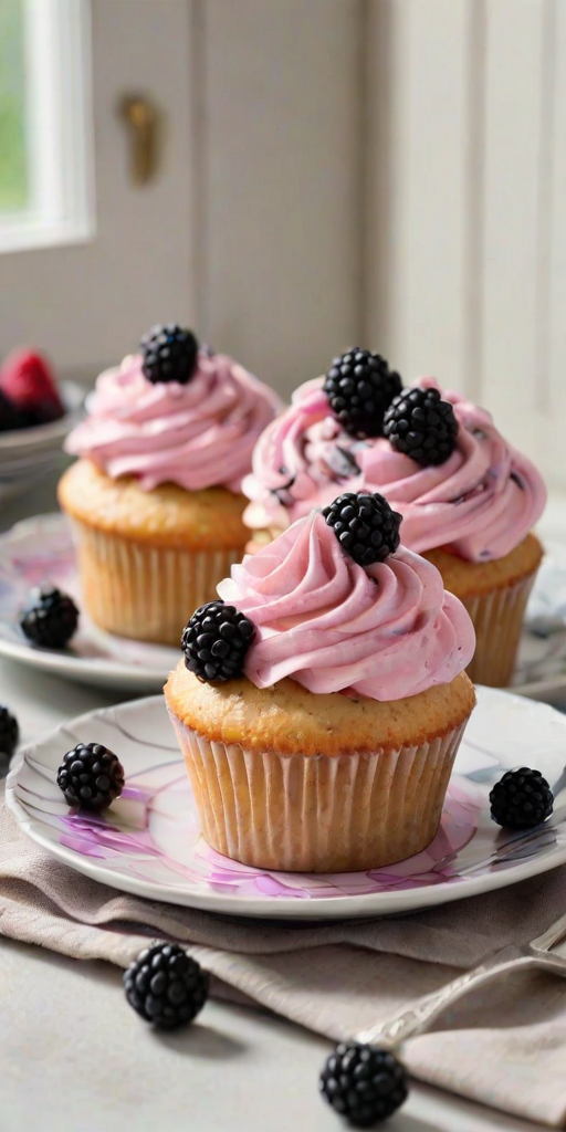 Generate an image of delicious cupcakes with swirls of pink and white frosting topped with fresh blackberries. The setting should have a bright and inviting atmosphere, showcasing the cupcakes on a decorative plate near a window.