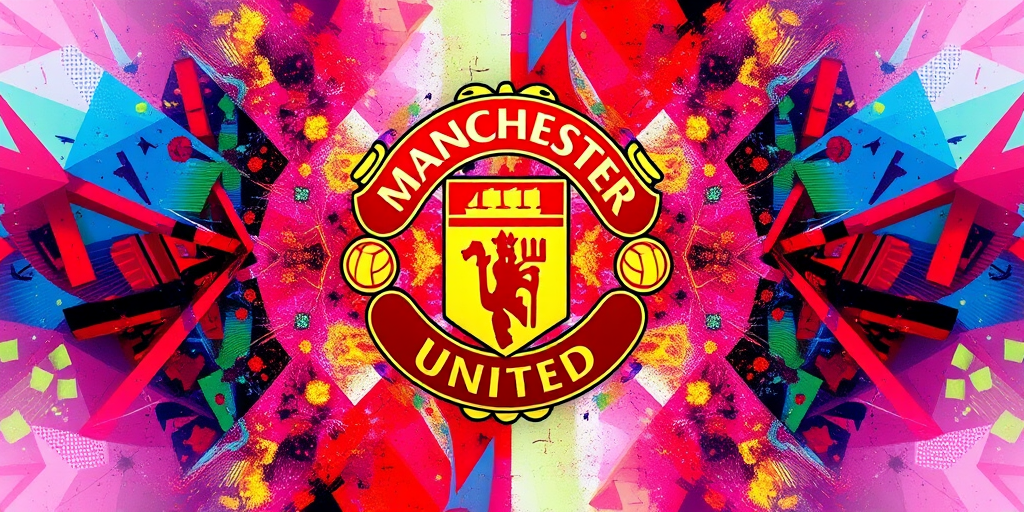 Create an abstract, vibrant digital artwork featuring the Manchester United logo, using a wide-angle lens with a f-stop of 4.0, ISO 100, at a focal length of 18mm, in high resolution with a dynamic range of colors and geometric shapes.