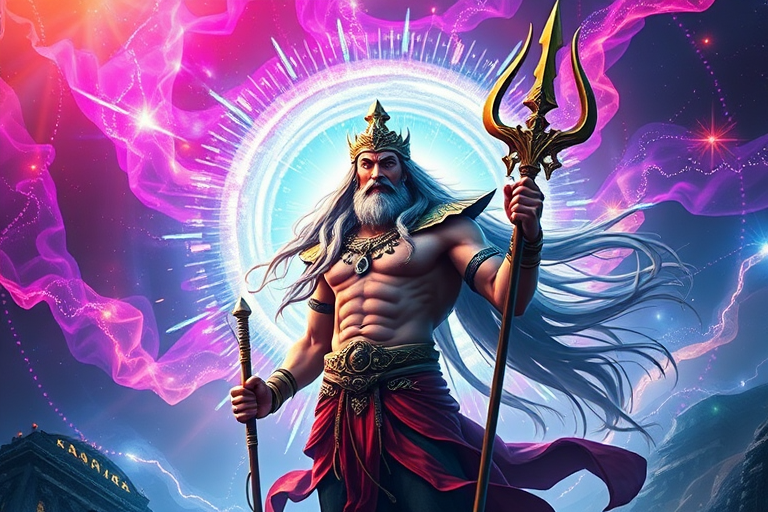 Regenerate an image of a divine figure resembling a warrior with long flowing hair, holding a trident, surrounded by a vibrant digital vortex, captured using a DSLR camera, 50mm lens, f/1.8 aperture, ISO 100, and shot from a slightly low angle to enhance depth and vivid colors.