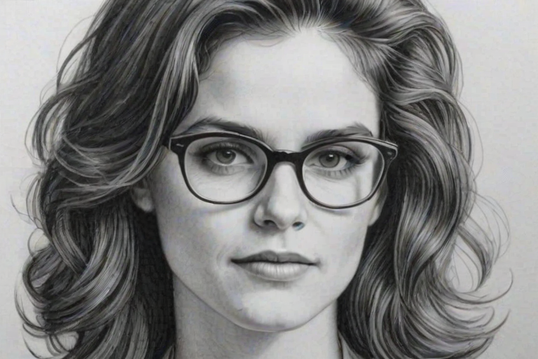 Resplendent Ally Sheedy, pencil sketch, portrait of Gorgeous woman 1947s in glasses, hair style beatnik, outline, clear lines, fine lines, 8k