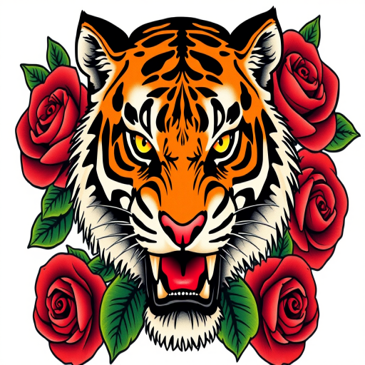 Bold traditional American tattoo of a fierce tiger head with vibrant yellow eyes, surrounded by red roses and green leaves, utilizing thick outlines and solid color fills for a classic, timeless appearance