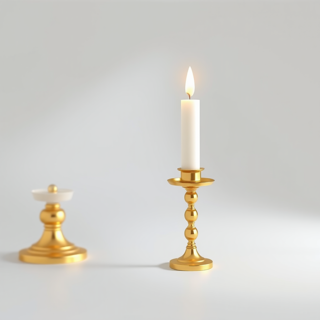 Create a highly detailed 3D render of a gold candlestick holder with a white candle, soft lighting, focal length 50mm, aperture f/2.8, ISO 100, macro lens, studio lighting setup.