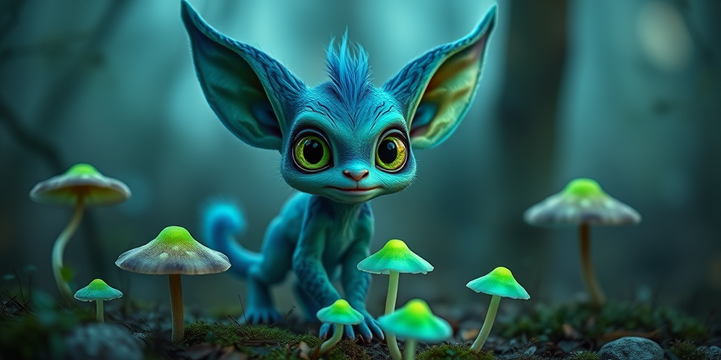 Create a highly detailed fantasy creature with vibrant blue and green fur, large expressive eyes, and long ears, standing among bioluminescent mushrooms in a misty forest setting, using a Canon EOS R5 camera with a 50mm f/1.2 lens, at ISO 100, aperture f/1.8, and a shallow depth of field for a dreamy background effect.