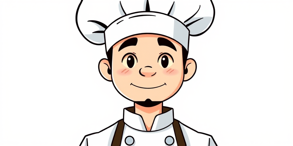 Create a high-resolution illustration of a minimalist chef character wearing a chef's hat and uniform, soft lighting, 50mm lens, f/2.8 aperture, shot from a frontal view with a clean background.