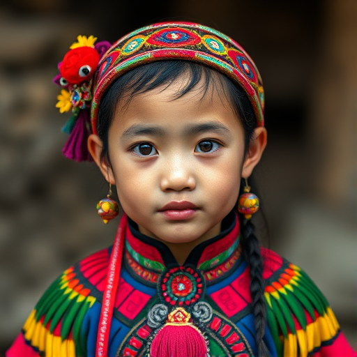 A beautiful Miao girl, wearing colorful bird clothing with vibrant colors