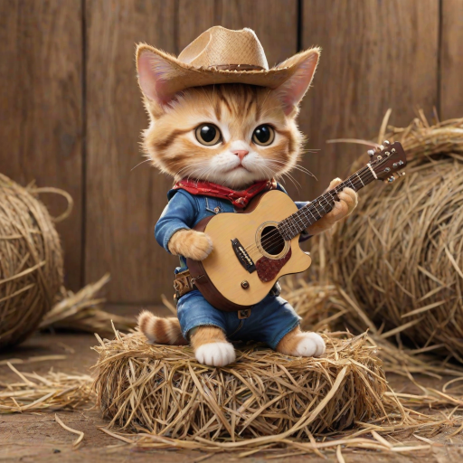 A chibi cat, dressed as a cowboy, playing guitar, sitting on a hay bale