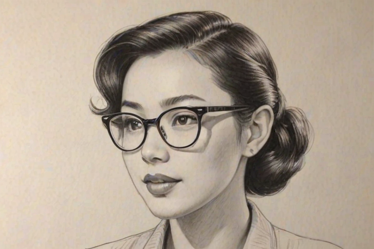 Radiant Ellen Wong, pencil sketch, portrait of Attractive woman 1951s in glasses, hair style beatnik, outline, clear lines, fine lines, 8k