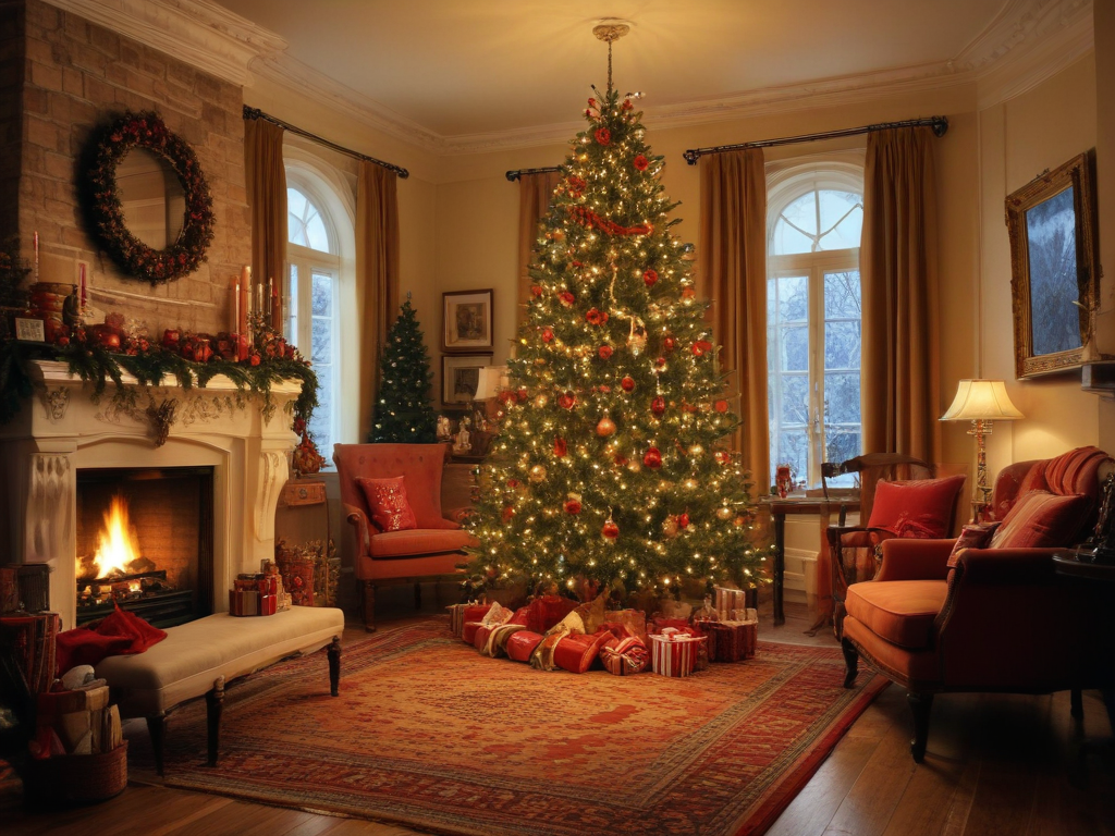 A Cozy Living Room Decorated for Christmas with a Beautiful Tree and Gifts