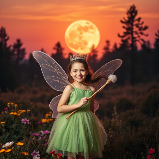 A vivid photo  taken under a bright camera flash of a fantastical scene set against a backdrop of a forest during sunset. The main subject is a girl dressed as a fairy, adorned with translucent wings and a green dress, holding a wand, her face is happy, and she wears a crown on her head. The forest behind her is a blend of flowers, shrubs and trees. The sky is painted in hues of orange and pink, with a large, glowing moon casting a warm glow over the scene. The overall color palette is dominated by earthy tones.