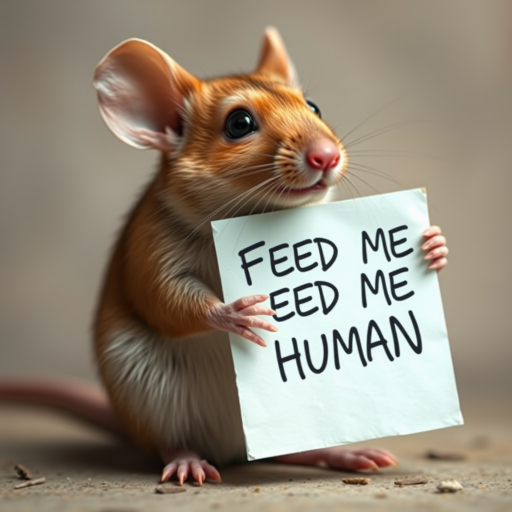 mouse holding a note which says "FEED ME HUMAN"