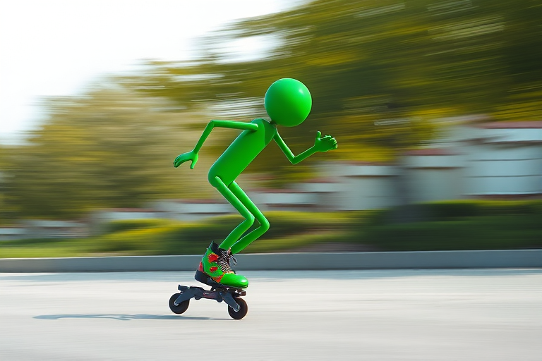 Create a high-resolution illustration of a green stick figure rollerblading, capturing dynamic motion with a slightly blurred background to emphasize speed, using a wide-angle lens, f-stop of 5.6, ISO 200, shot in natural lighting with a digital SLR camera.