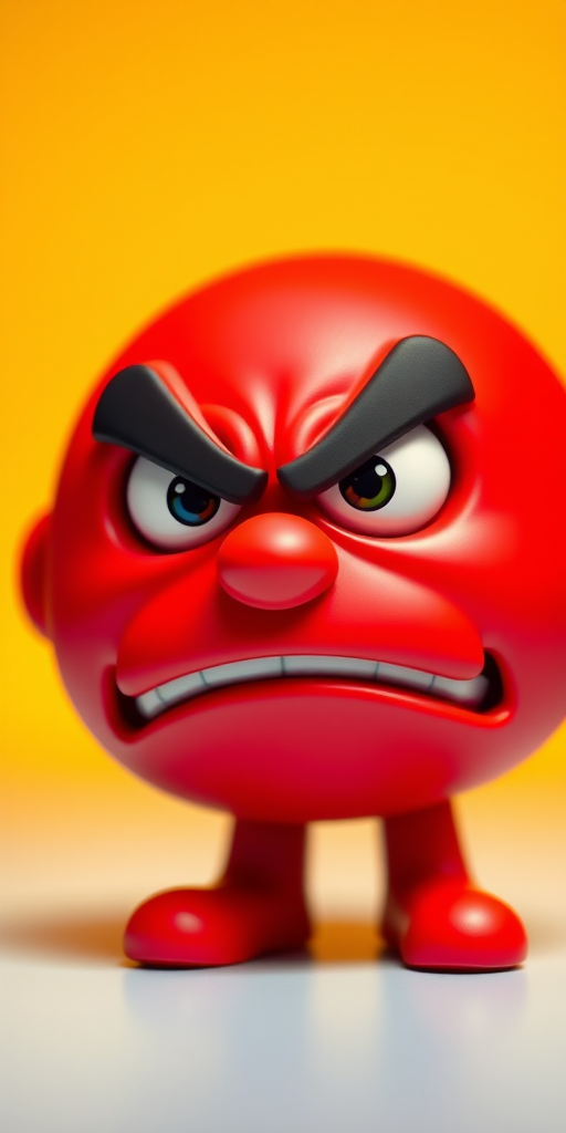 Create a vibrant, cartoon-style image of an angry red emoji with exaggerated features, using a DSLR camera with a 50mm lens, f/2.8 aperture, ISO 100, bright lighting, and a shallow depth of field for a crisp focus on the emoji.