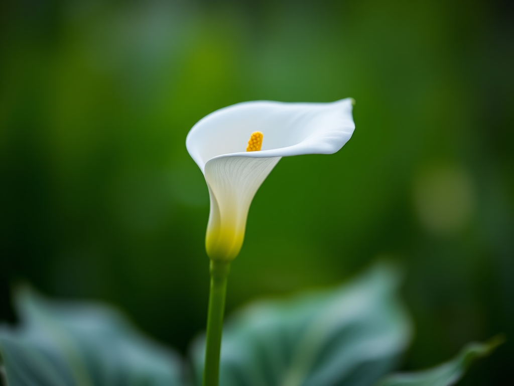 Single calla lily flower in soft focus with a blurred green background, shot with a Canon EOS 5D Mark IV, 85mm lens, aperture f/2.8, ISO 200, natural lighting, shallow depth of field.