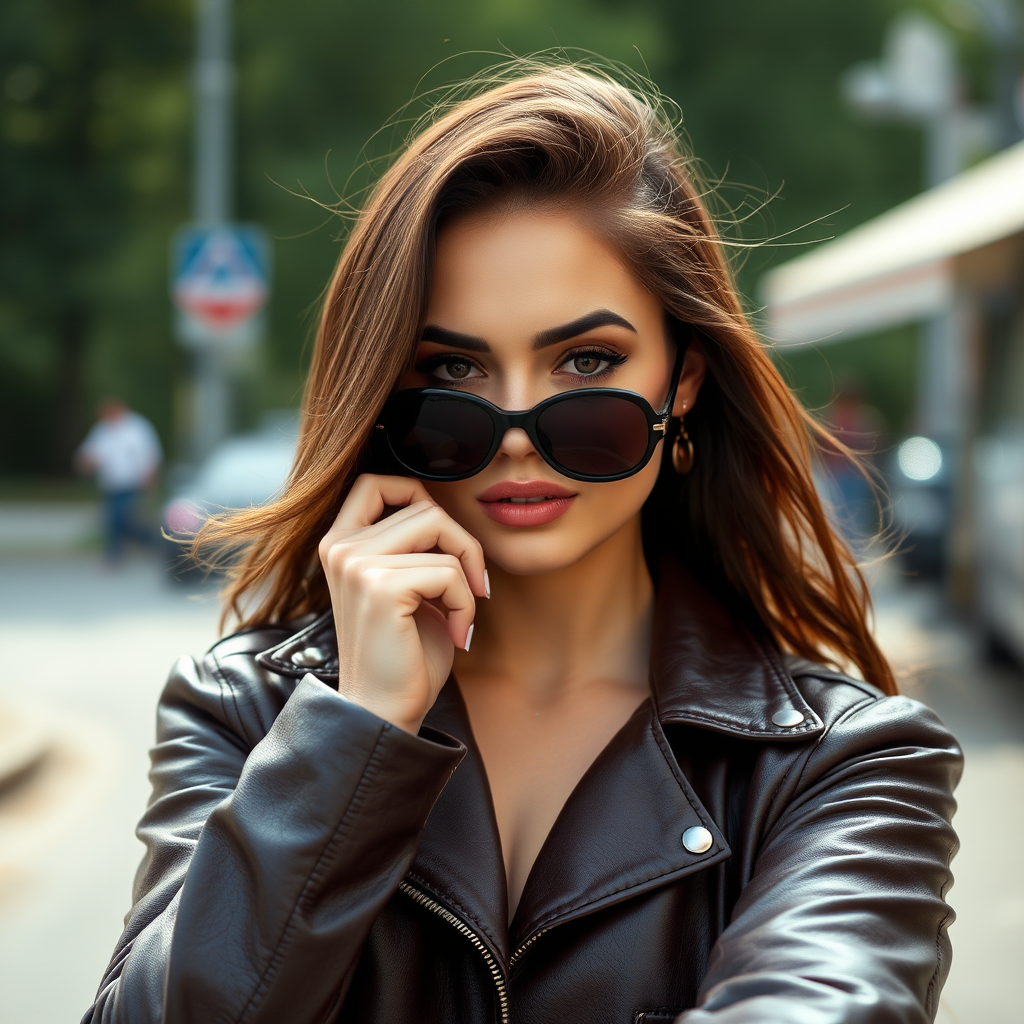 Outdoor shot, stunning female model, vintage leather jacket, sunglasses, cinematic effect, Position the camera at the model’s eye level using a 35mm f/1.4 lens
