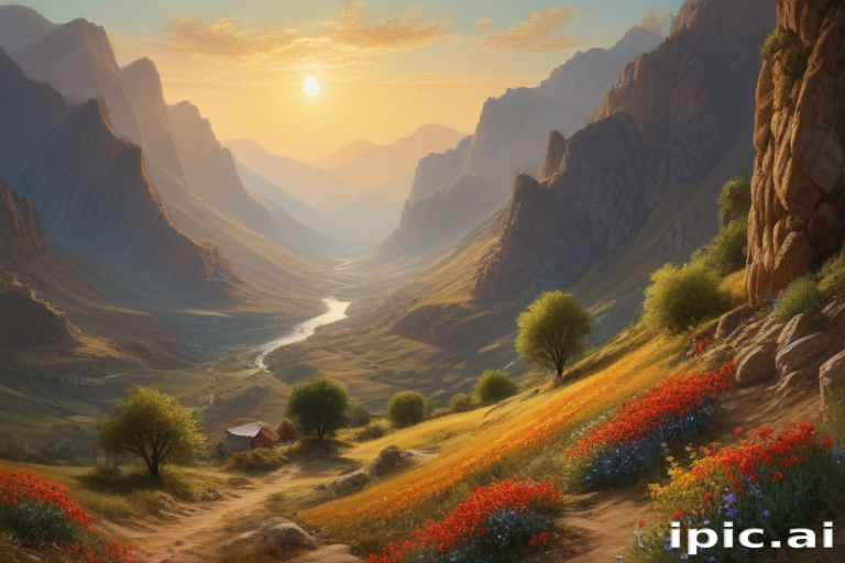 Serene Sunrise Over Majestic Mountains and Colorful Wildflower Valley ...