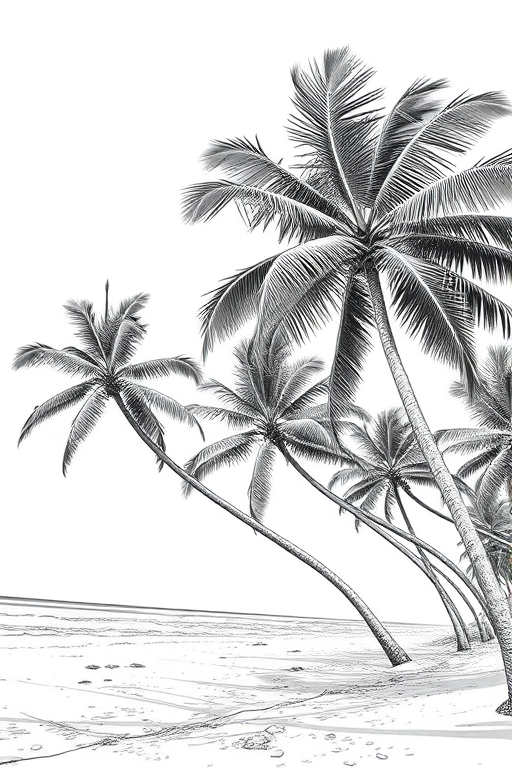 Capture a detailed line drawing of a tropical beach scene with palm trees leaning over the shore, using a high-resolution digital camera with a 50mm lens at f/8, shutter speed 1/125s, ISO 100, shot from a low angle to emphasize the palm fronds against a clear sky.