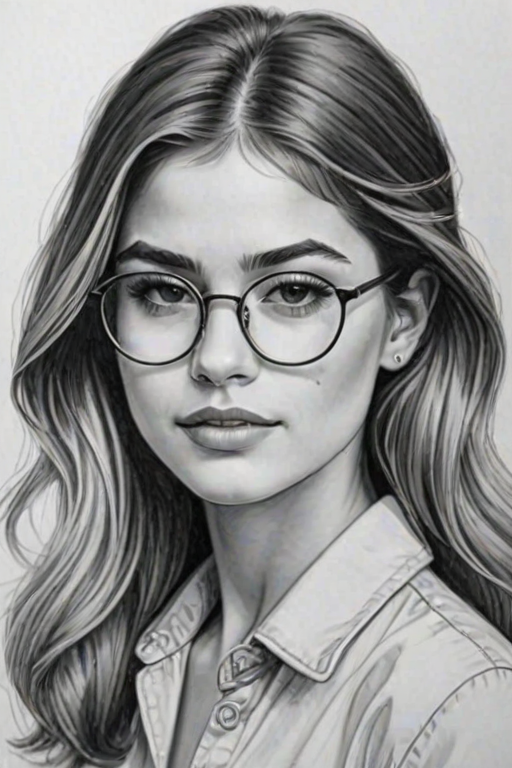 Splendid Sofia Reyes, pencil sketch, portrait of Magnificent woman 1969s in glasses, hair style beatnik, outline, clear lines, fine lines, 8k