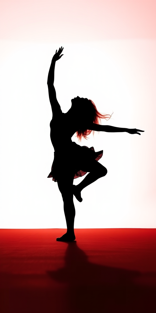 Create a high-resolution image of a silhouette of a dancer in a dramatic pose against a bright gradient background, using a DSLR camera, 50mm lens, f/1.8 aperture, ISO 100, and a low angle view for added depth.