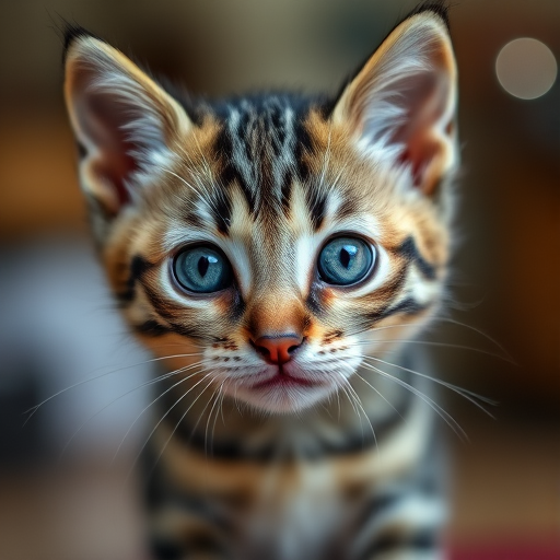 A close-up shot of a cute tabby kitten with striking blue eyes, indoor soft lighting, 50mm lens, aperture f/1.8, ISO 200, shallow depth of field, DSLR camera.