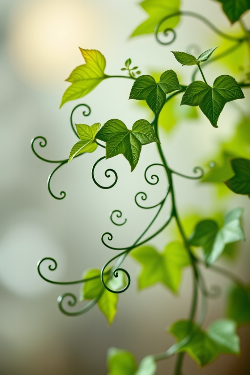 Create a high-resolution image of a stylized green vine with intricate swirls and leaves, using a Canon EOS R5, 50mm lens, f/2.8 aperture, ISO 100, with a soft-focus background and vibrant color enhancement.