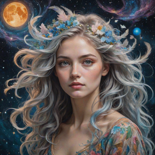 Create a series of imaginative portraits where each subject is infused with elements of fantasy and nature. The hair of the individuals should flow like clouds, varying from soft, fluffy cumulus to wispy cirrus strands, with hints of color reflecting a sunset or a clear blue sky. The eyes should be windows to entire galaxies, with stars, nebulae, and distant planets visible within them. Clothing should be adorned with nature motifs, such as floral patterns that bloom and change, vines that seem to grow and wrap around, or feathers that shimmer with iridescence. Each portrait should capture a unique personality, blending human features with the ethereal beauty of the natural and cosmic world. The backgrounds can vary, from starry night skies to enchanted forests, adding depth and context to the magical realism of the portraits