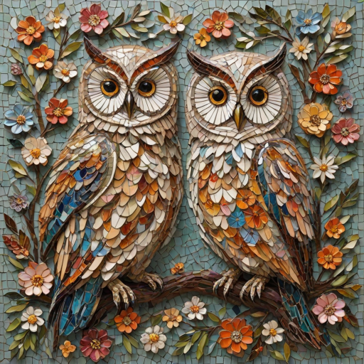 A mosaic of floral owls, each owl intricately composed of individual flower blossoms. The design showcases a delicate balance of nature and form, where the feathers of the owls are replaced by vibrant petals and blooms. The overall appearance is whimsical yet detailed, with each floral element contributing to the intricate patterns of the owl’s body. The artwork embraces a raw, organic style, with natural hues and soft textures, creating a harmonious blend of flora and fauna. The mosaic arrangement adds depth and visual intrigue to the piece, evoking a sense of wonder and artistic beauty.
