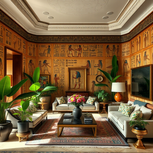 interior of an ancient Egyptian-themed living room with ornate hieroglyphics on the walls, lush green plants, stylish furniture, and decorative artifacts, captured with a DSLR camera at f/2.8, ISO 100, 35mm lens, natural light, wide-angle view, high-resolution detail