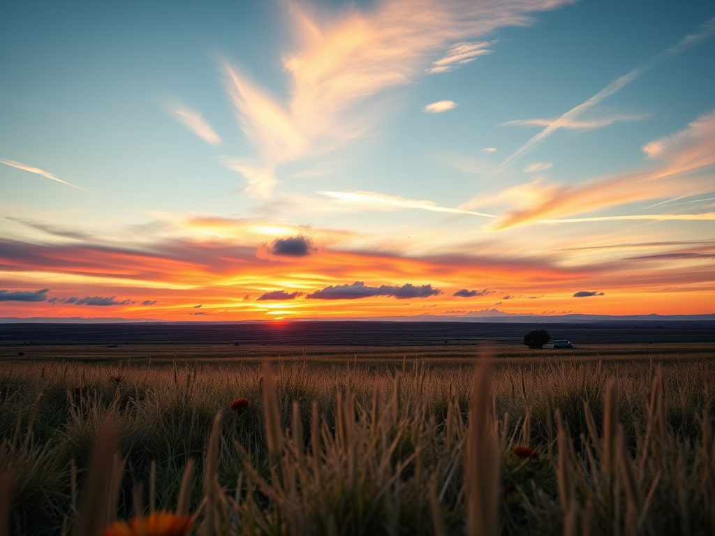 Generate a high-resolution image of a serene landscape at sunrise with vibrant colors and soft clouds, using a DSLR camera with a 50mm lens, aperture set to f/1.8, ISO 100, and a shutter speed of 1/200 seconds, captured from a low angle view to emphasize foreground details.